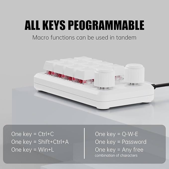 MOSHOU Wired Macro Mechanical Keyboard, 12-Keys Macropad Tactile Keyboard Fully Programmable Knobs Keys OSU Macro Pad Hotswap Keypad with RGB for Game PC Accessories (White)