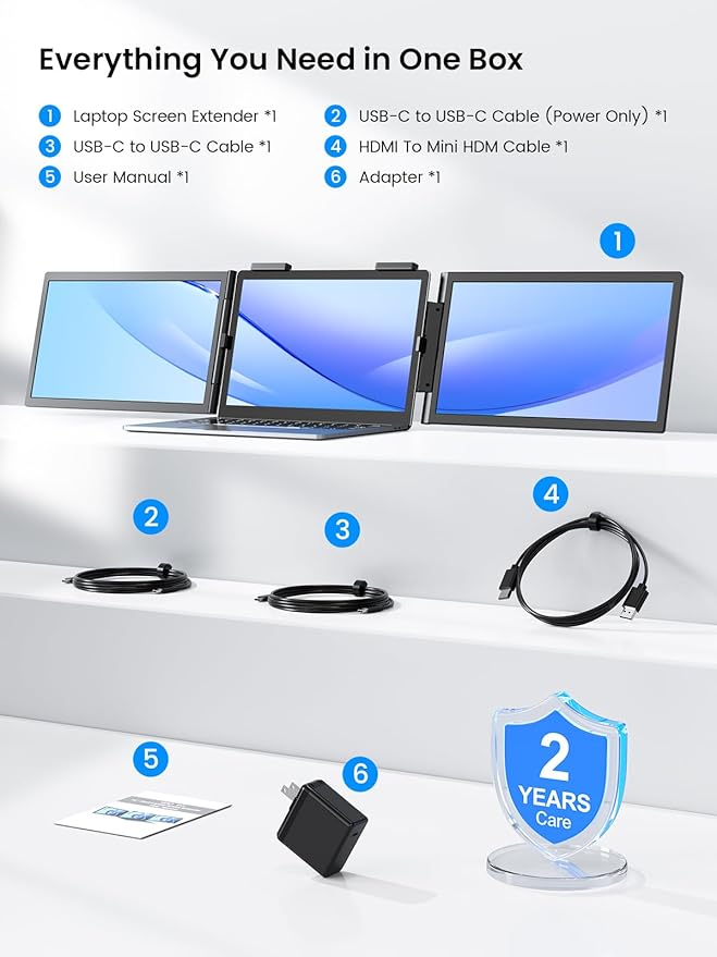 UPERFECT Laptop Screen Extender 14'', 1080P 125%sRGB Triple Portable Monitor, Ultra-Slim Dual Travel Monitor USB-C Wireless Plug and Play Extender Screen for MacOS/Windows/Android, Fits 14-17" Laptop