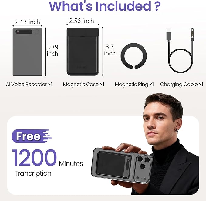 AI Smart Voice Recorder, 64GB 1000+ Hours Audio Recorder with Fast AI Transcription, Summaries, Mind Map, Q&A, Data Safe, Ultra-Thin, Magnetic Case, for Meetings, Calls, Lectures, Matte Grey