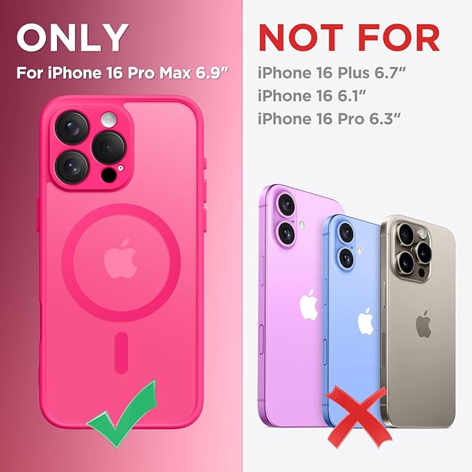 CAPRARO Magnetic Compatible with iPhone 16 Pro Max Case, Upgraded [Full Camera Protection] [Compatible with MagSafe] Protective Translucent Matte Women Phone Case Cover, Hot Pink