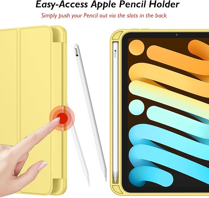 iMieet iPad mini 7 Case 2024 (A17 Pro), iPad mini 6 Case (8.3-Inch,2021 Model), iPad mini 7th/6th Generation Case with Pencil Holder, Trifold Stand Smart Case with Soft TPU Back,Yellow