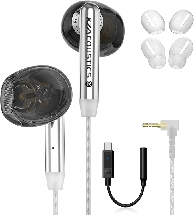 KZ Duet USB C Headphones, Wired Earbuds for Samsung S25 S24 S23 FE S22 S21 S20 A53 A54 Type C Noise Isolating Fit IEM Built-in DSP Sound Card with EQ for iPhone 17 16 Pro Pixel 9 Pro (Black, DSP)