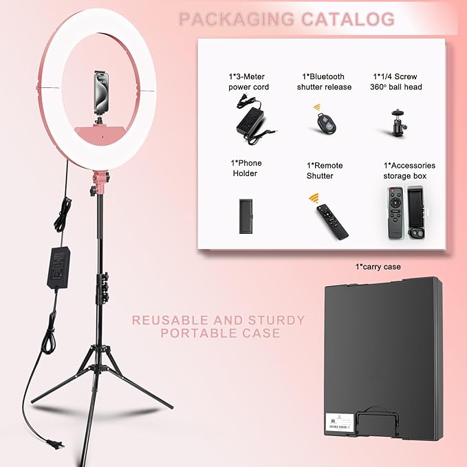 18 Inch Ring Light Kit, 55W6700k Dimmable LED Light, Tripod Stand, Remote Controller,Box,CRI95(Pink)