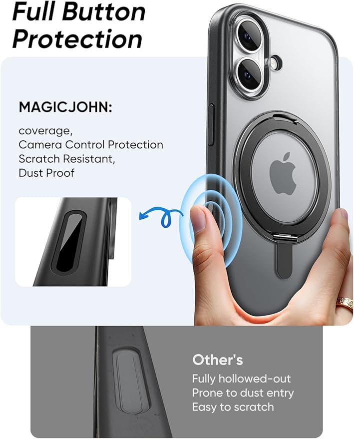 MAGIC JOHN 360° Rotatable Magnetic Invisible Stand for iPhone 17 Case [Camera Control Button] [Compatible with MagSafe] 16FT Shockof for iPhone 17 Case with Kickstand, Black