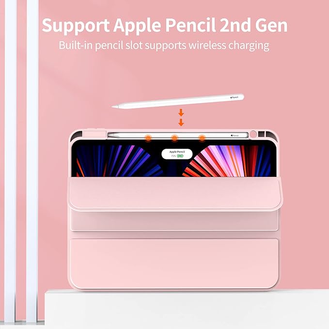 KENKE for iPad Pro 11 Inch Case 4th/3rd/2nd Generation 2022/2021/2020 Magnetic Attachment 2nd Pencil with Right Side Pencil Holder Soft Slim PU Cover Auto Wake/Sleep (Pink)