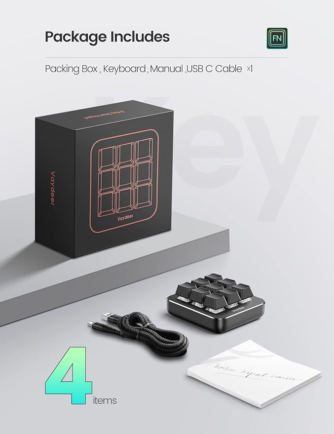 Vaydeer One-Handed Mechanical Keyboard Support NKRO, Hotkeys, One-Click Start,9 Fully Programmable Keys with Floating Window and Macro Multifunctional Keypad for iOS,Windows, Gift Idea for Him/Her