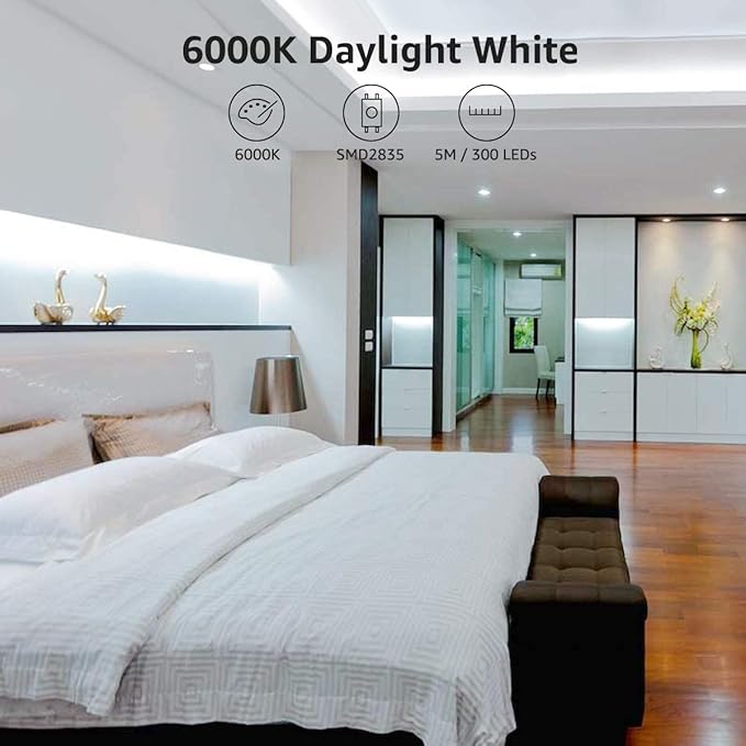 Lepro 12V LED Strip Light, Flexible, SMD 2835, 16.4ft Tape Light for Home, Kitchen, Party, Christmas and More, Non-Waterproof, Daylight White(Not Include Power Adapter)