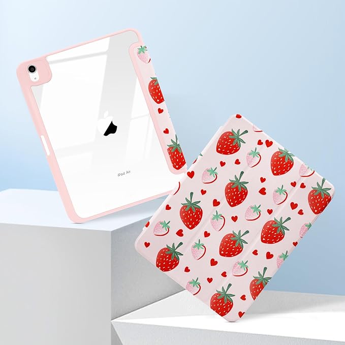 MrARTIST for iPad Air 11 Inch Case M3/M2 - Air 5th/4th Generation 10.9" Cute Women Girls Girly Kawaii Aesthetic Kawaii Design for Apple Air Tablet Cover with Pencil Holder, Strawberry