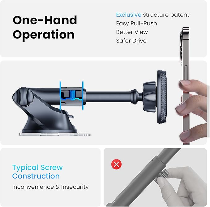 APPS2Car Magnetic Phone Mount for Car, Dashboard & Windshield Suction Cup Holder with Telescopic Arm, Requires Metal Plate for Proper Use, Fit for Android Smartphones(NOT for MagSafe)