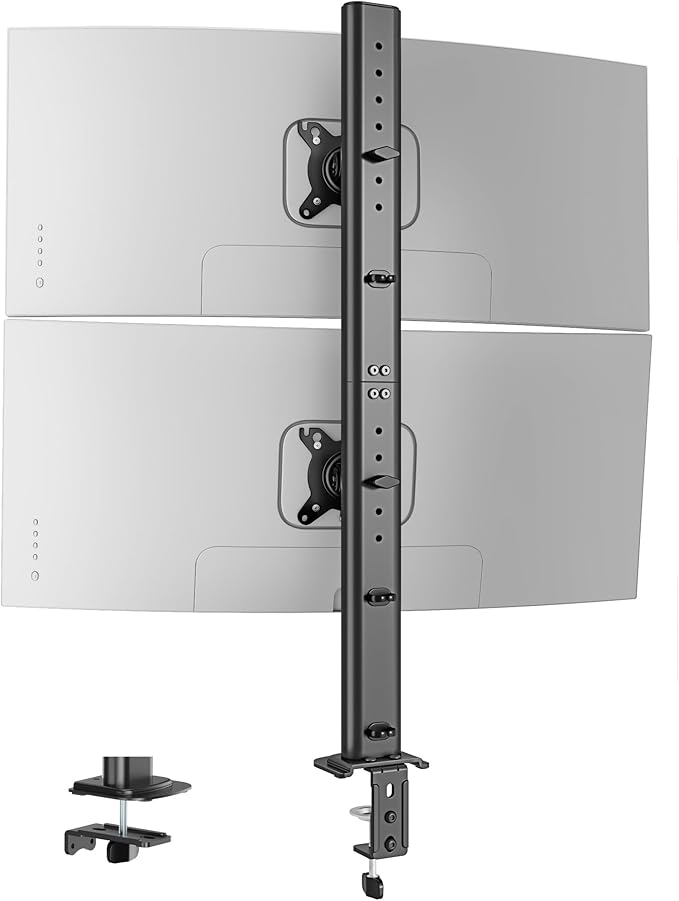 Pegzone Vertical Dual Monitor Mount for 17–34 Inch Screens, Stacked Monitor Stand, Holds up to 33 lbs per Arm, 33.1" Extra Tall Pole, Full Motion Height Adjustable Mount, 75/100 VESA, Clamp & Grommet