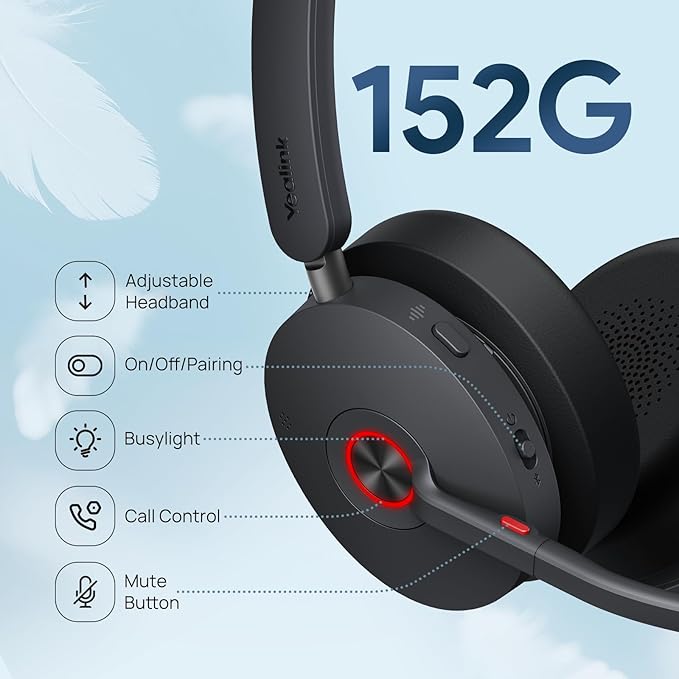 Yealink BH74 ANC Bluetooth Headset with Microphone for Hybrid Work, Microsoft Teams Premium Open Ofﬁce Certified Headsets with 6-mics Active Noise Cancellation, Zoom Certified, 65H Battery