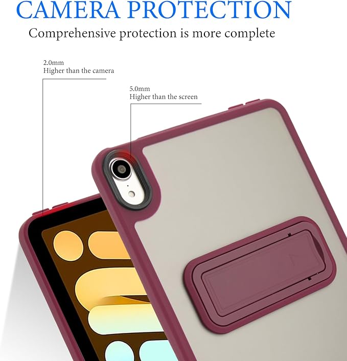 Shockproof Case for iPad mini 7th/6th Generation (2024/2021 8.3-inch), Kickstand Slim Fit Rugged Bumper Lightweight Anti-Scratch Bumper Case Cover for Women Men, WineRed
