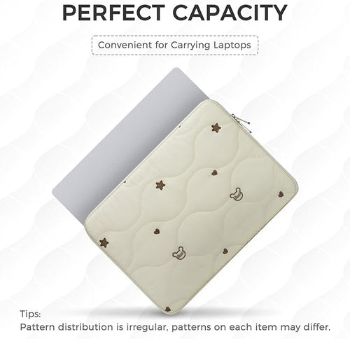 13 14 Inch Laptop Sleeve Case, Water-Repellent Cover with Bear Head Embroidery, Shockproof Padded Bag Compatible with MacBook Air & Pro 13/14 Inch, Beige
