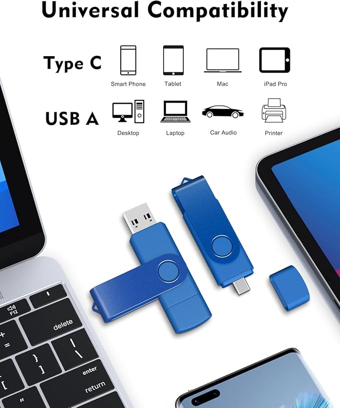 AreTop 32GB USB C Flash Drive 2 in 1 OTG USB 2.0 + Type C Memory Stick with Keychain Dual Type-C Thumb Drive Photo Stick Jump Drive for Android Smartphones, Computer, Tablet, PC, 1 Pack (Blue)