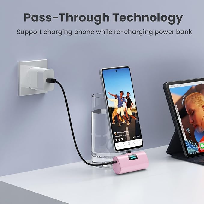 [2-Pack]Small Portable Charger 5200mAh,Upgraded PD USB C Power Bank Built-in USB-C Connector,LCD Display Battery Pack for iPhone 15/15 Plus/15 Pro/15 Pro Max/Samsung Android(Pink+Green)