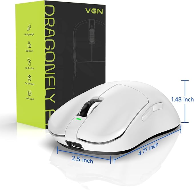 VGN Dragonfly F1 MOBA Wireless Gaming Mouse, 55g Ultralight, PAW3395 26K DPI Optical Sensor, Optimized Tactile Click Feel, Anti-Slip Silver Coating Grip, 4000Hz Polling Supported, Esports Mouse, White