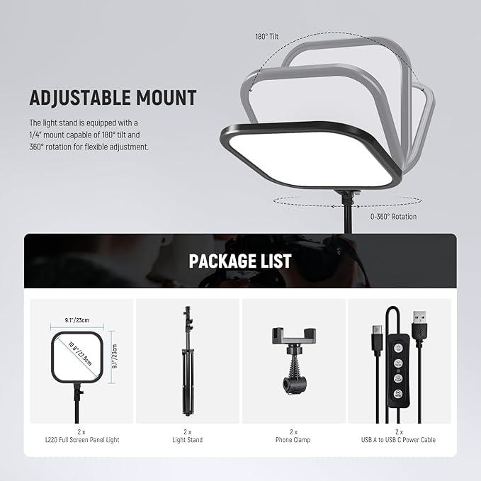 NEEWER Basics 2 Pack 15W 10.8" LED Video Light Panel Lighting Kit with 63" Tripod Stands, Edge Lit Bi Color Dimmable Studio Light 816lux CRI95+ for Photography Filming Recording Streaming, L220
