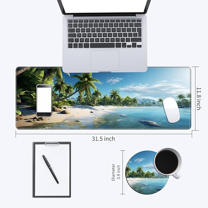 Desk Mat, Multifunctional Desk Pad for Keyboard and Mouse, with Cute Coasters and Mandala Stickers with Stitched Edges Non Slip Base Laptop Mouse pad for Office and Home, Seaside Tropical Palm Tree