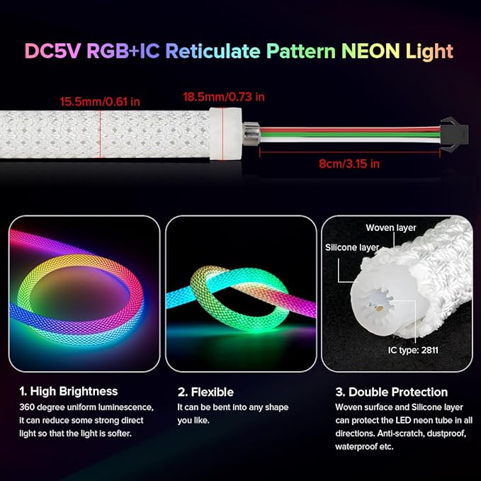 BTF-LIGHTING 16.4FT WS2811 WS2812B IC RGB DC5V 360 Degree Round Reticulate Chasing Color Neon LED Strip Kit Bluetooth Controller Flexible Silicone IP67 Waterproof Rope Light for Home Decor(No Adapter)