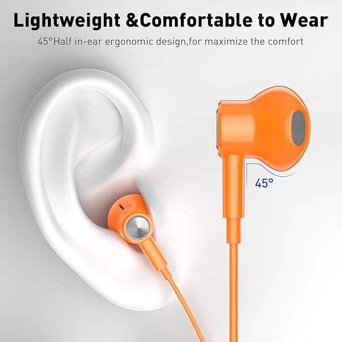 USB C Headphones Wired Type C Earphones for Samsung/Galaxy S26 S25 S24 Plus S23 S22 S21 S20 Ultra Magnetic Corded Earbuds for iPhone 15 Pro Max 16 16e 17 17e Air for Apple/Android Ear Buds Orange
