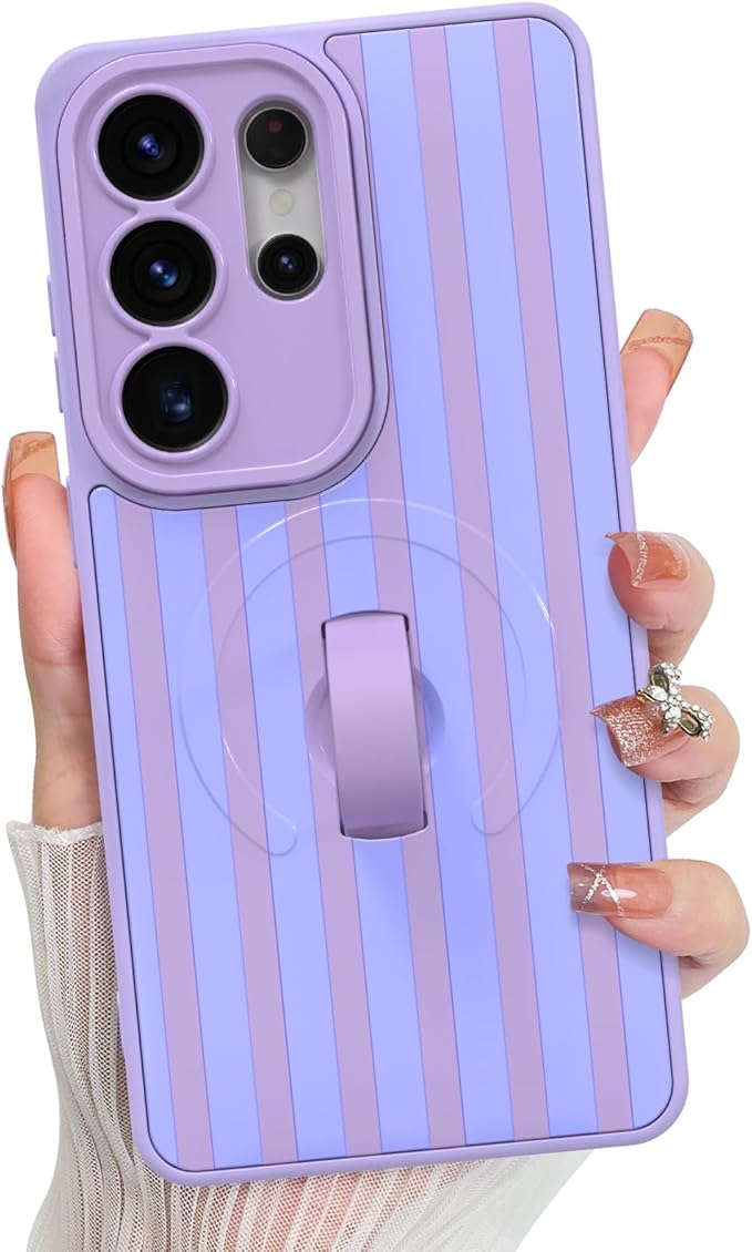 KANGHAR Compatible with Samsung Galaxy S26 Ultra Case, Support for MagSafe, Silicone Stripes Cute Pattern, Wristband Kickstand Camera Protection Soft Slim Cover for Girls Women -Purple