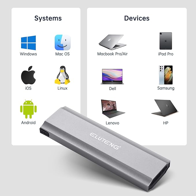 ELUTENG M.2 SSD Enclosure M.2 NVME SATA Dual Protocol Hard Drive Enclosure Aluminum USB 3.2 Gen 2 10Gbps External NVMe to USB SSD Reader Max 4TB Supports M and B&M Keys SSDs