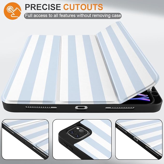 DONGKE Case for 2022/2021/2020/2018 iPad Pro 11 inch Gen 4/3/2/1 - Slim Protective Case - Built in Pencil Holder Support Charging - Trifold Stand & Sleep/Wake Cover- Blue Stripes