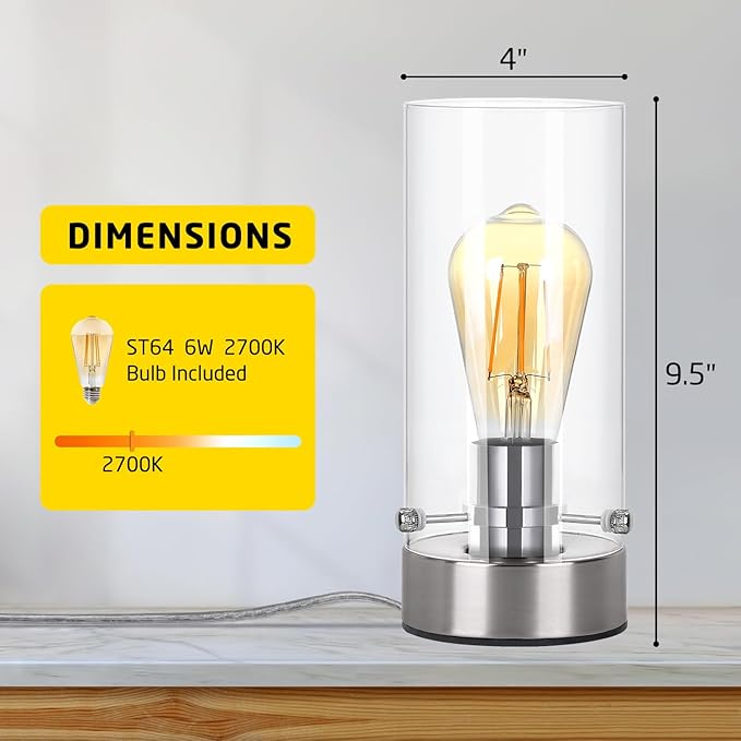 Table Lamp for Bedroom, Bedside Modern Nightstand Lamp with Glass Lamp Shape, 2700K 6W Glass Bulb Included(Chrome).