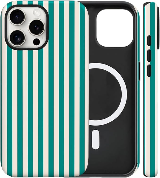 Magnetic for iPhone 14 Pro Max Case Cute Stripes Phone Case, Shockproof Slim TPU and Hard PC Protective Phone Cover Compatible with MagSafe Designed for Women Girls, Emerald Green
