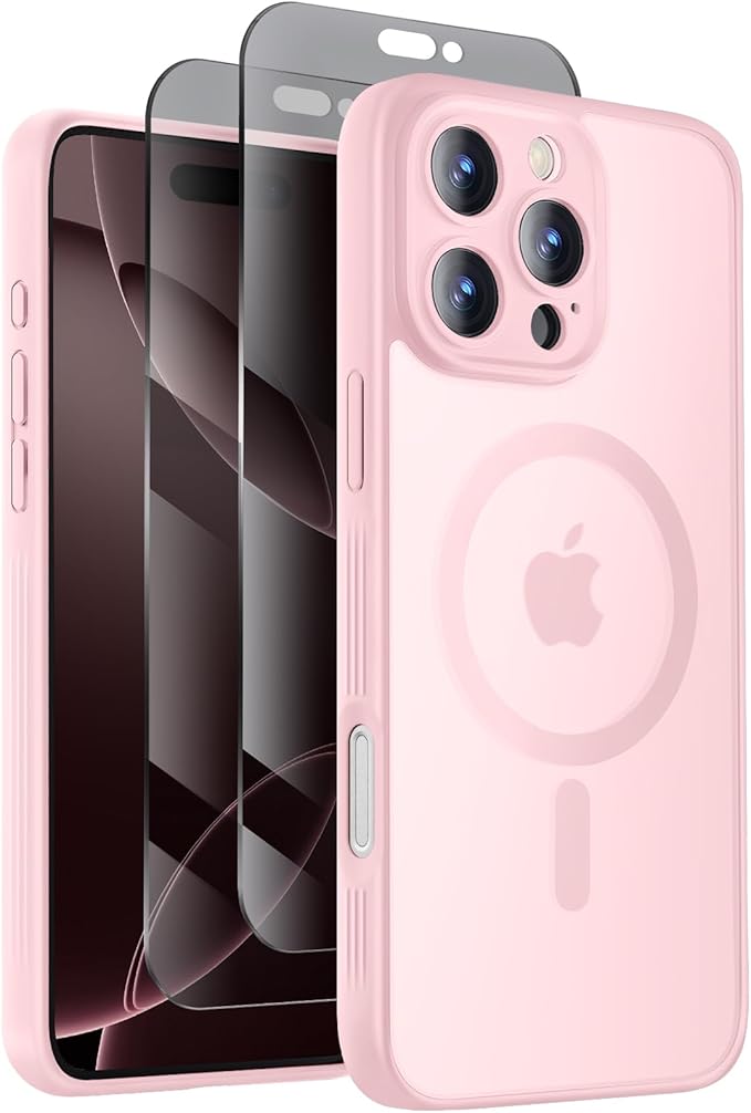 Symcele Designed for iPhone 16 Pro Case, Compatible with MagSafe, with Privacy Screen Protectors X2, [Camera Protection] [15FT Military Drop Protection] Shockproof Phone Case, 2024, Pink