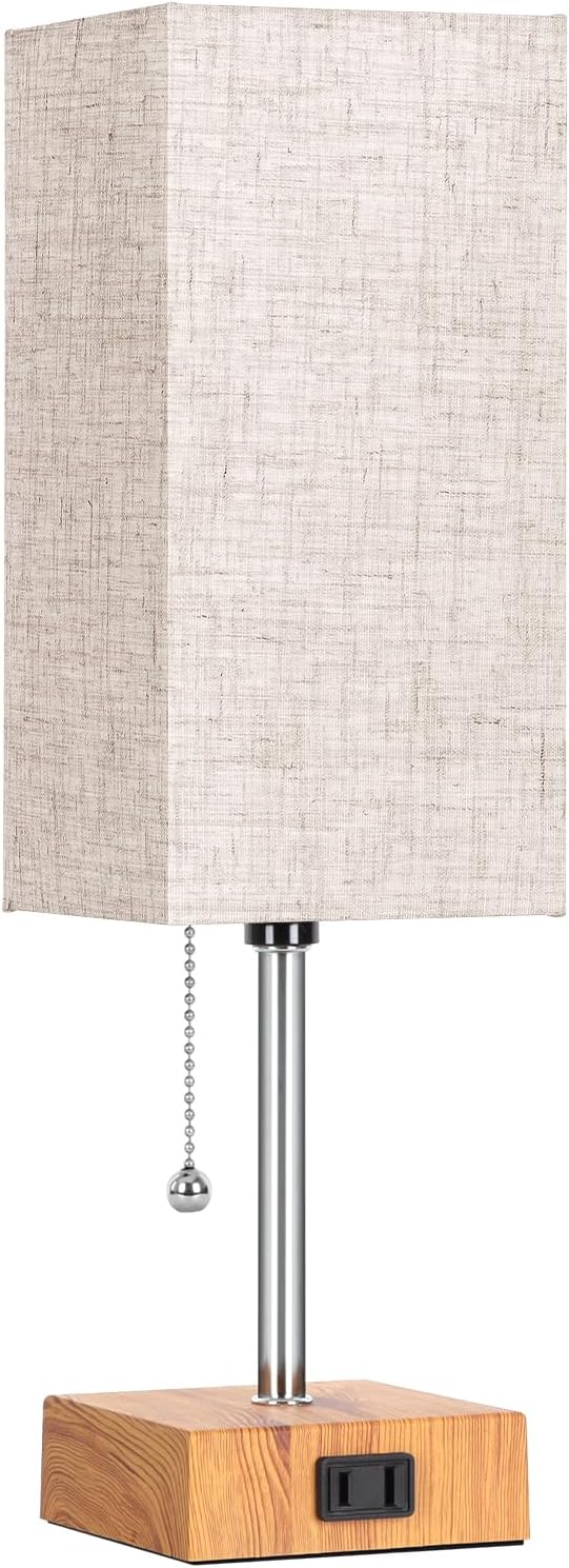 PLMMY Bedside Table Lamps for Bedroom Nightstand, Bedroom Lamp with 3 Color Temperatures Nightstand Lamps Set of 2 with AC Outlets, Square Pull Chain Bedside Lamp for Living Room, Home Decor