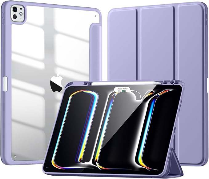 New Compatible with iPad Pro 13 inch Case M5 2025/M4 2024 with Built-in Pencil Holder, Kidopire for iPad Pro 13 Case with Hard Clear Back Shell, Support Pencil Pro, Auto Wake/Sleep, Lavender