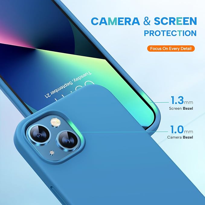 Miracase Designed for iPhone 13 Case, with Tempered Glass Screen Protector, [Soft Anti-Scratch Microfiber Lining], Shockproof Liquid Silicone Rubber Phone Case Cover for 13 6.1 inch, Capri Blue