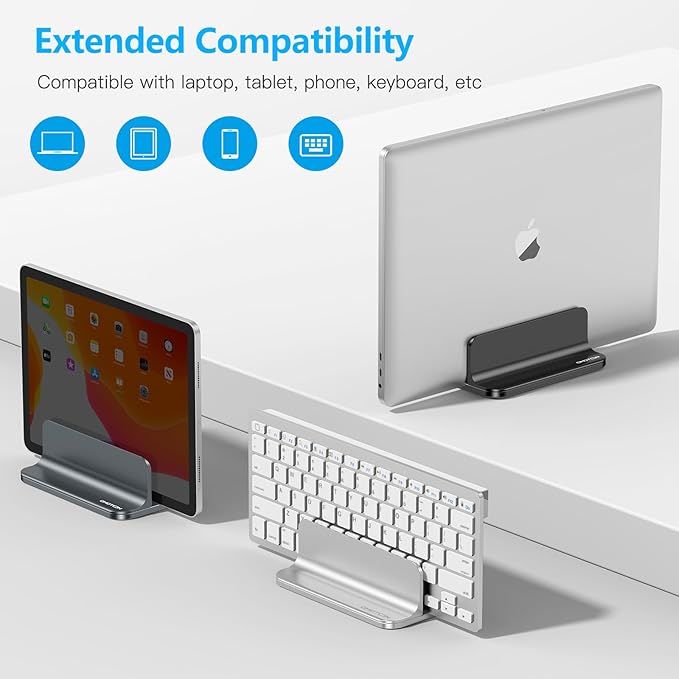 OMOTON Vertical Laptop Stand Holder, Desktop Aluminum Stand for MacBook with Adjustable Dock Size, Fits All MacBook, Surface, Chromebook and Gaming Laptops (Up to 17.3 inches), Gray
