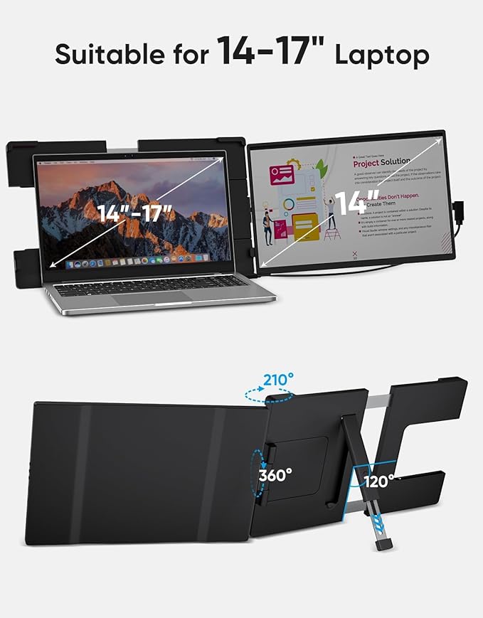 Dopesplay Laptop Screen Extender, 14" FHD 1200P IPS External Portable Monitor for Laptop, Plug & Play Dual Screen Monitor for 14"-17" Laptops, Compatible with Mac, Wins, Chrome, Android, Dex