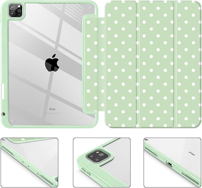 Tuiklol for iPad Pro 11 Inch 4th / 3rd / 2nd / 1st Gen (2022 2021 2020 2018) Case -Built-in Pencil Holder Shockproof Cover Clear Transparent Back Shell with Auto Wake/Sleep, Spot-Green