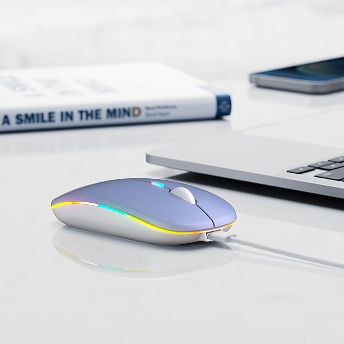 Wireless Bluetooth Mouse, Rechargeable, LED, Silent, Ultra-thin Design (Bluetooth 5.2 and 2.4GHz USB Receiver) | Portable Computer Mouse for Laptops, iPads, MacBooks and Apple Devices (purple)
