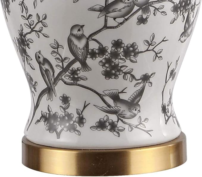 JONATHAN Y 22" Gray/White Ceramic Table Lamp, French Country Chinoiserie Ginger Jar LED Bedside Lamp for Living Room Bedroom, White Linen Shade (JYL3005C)