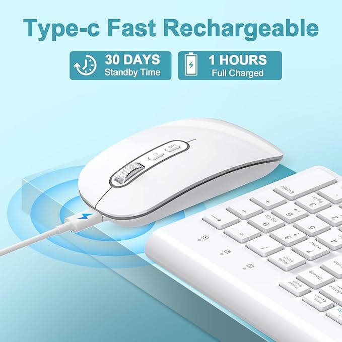 cimetech Wireless Keyboard and Mouse, [Rechargeable Mouse][Silent Scissor Switch Key][Labor-Saving Buttons]Ultra Slim Wireless Computer Keyboard and Mouse, Easy Setup for PC/Laptop/Mac/Windows - White