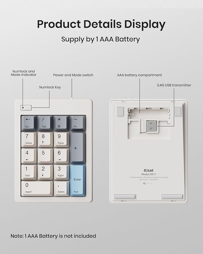 Kisnt FD17 Wireless Mechanical Number Pad, Bluetooth 5.0& 2.4G Dual Mode Numeric Keypad, 17 Keys Hot Swappable Numpad with PBT Keycaps for Laptop/PC/TKL Keyboards(Beige, Linear Switch)