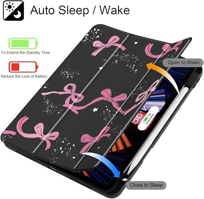 Tuiklol for iPad Pro 11 Inch 4th / 3rd / 2nd / 1st Gen (2022 2021 2020 2018) Case -Built-in Pencil Holder Shockproof Cover Clear Transparent Back Shell with Auto Wake/Sleep, Bow-Black