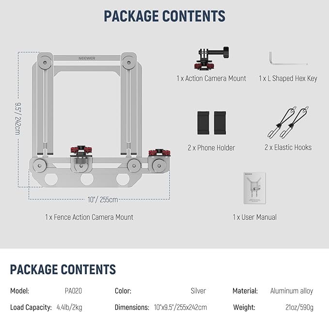 NEEWER Phone Fence Mount with Phone Holder for Game Changer Mounting, Shock Absorbing Baseball Tennis Court Chain Link Compatible with Mevo Start GoPro Insta360 DJI Action Camera iPhone, PA020 Silver