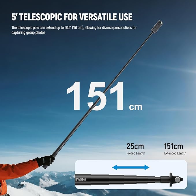 NEEWER Extension Rod Kit Compatible with DJI OSMO Action 5 Pro 4 3 GoPro Insta360 AKASO, 60.5" Invisible Selfie Stick, Action Camera Adapter & Magnetic Quick Release Mount for Video Recording, GP-84