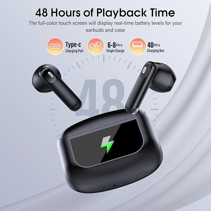 Wireless Earbuds, Bluetooth 5.4 Headphones with Multifunctional Touch Screen, 48H Hi-Fi Stereo Ear Buds with ENC Noise Cancelling Mic/5 EQ Modes Earbuds, IPX7 Earphones for iOS Android Black