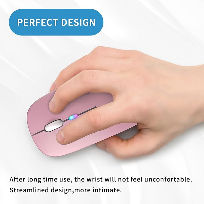 Wireless Bluetooth Mouse, Rechargeable, LED, Silent, Ultra-thin Design (Bluetooth 5.2 and 2.4GHz USB Receiver) | Portable Computer Mouse for Laptops, iPads, MacBooks and Apple Devices (Pink)