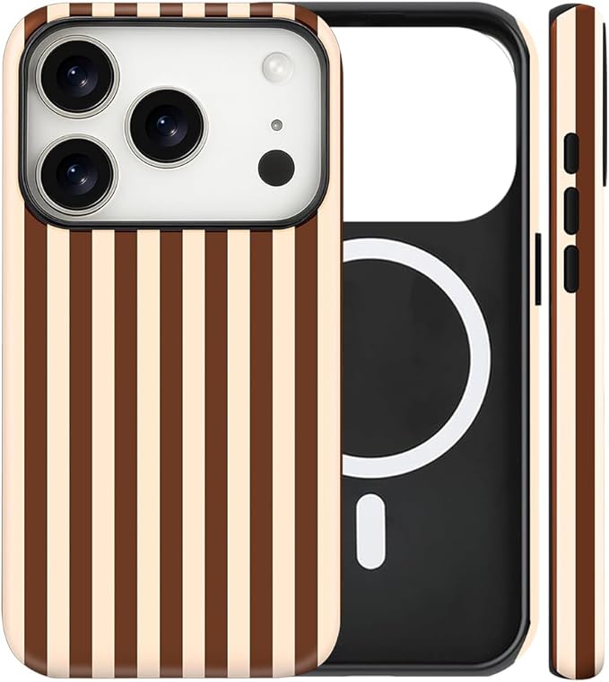 Magnetic for iPhone 17 Pro Max Case Cute Stripes Phone Case, Shockproof Slim TPU and Hard PC Protective Phone Cover Compatible with MagSafe Designed for Women Girls, Brown
