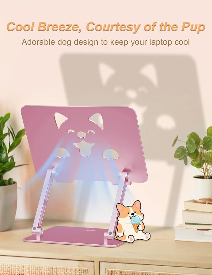 Aoviho Laptop Stand For Desk-Adjustable, Foldable, Portable, Ergonomic Aluminum Notebook Riser with Unique Puppy Cooling Vent, Desk Gift for 10"-17.3" Devices Mac, Dell, HP, Lenovo, Samsung, Rose Gold