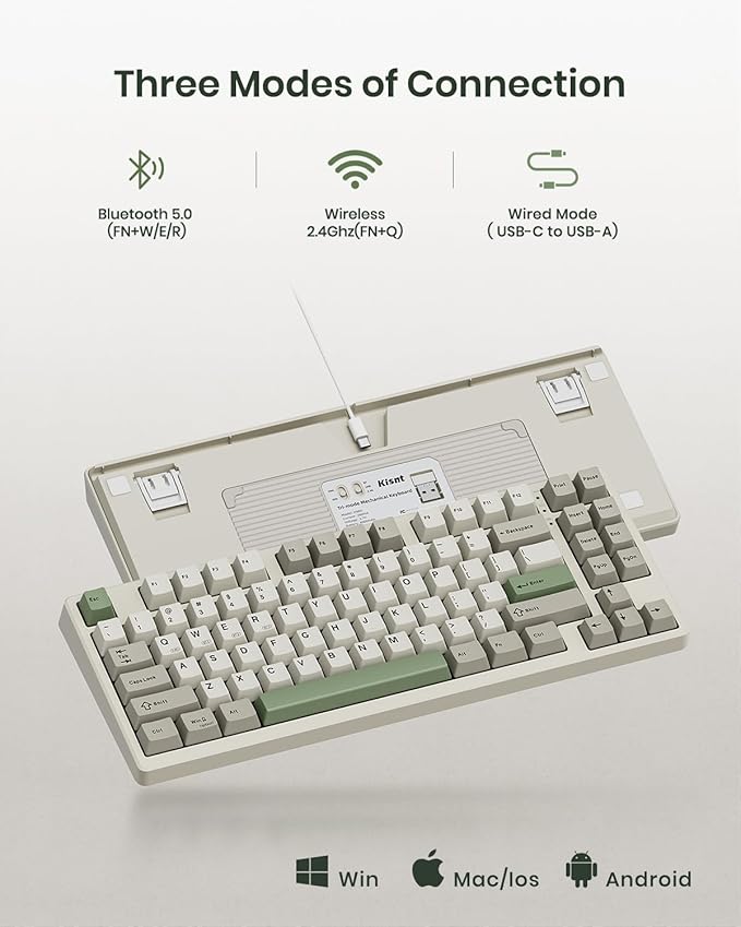Kisnt KN85 Wireless Mechanical Gaming Keyboard, 75% Layout with RGB Backlit, Custom Hot Swappable, Creamy Sound, Bluetooth/2.4GHz/USB-C Compatible with Windows/Mac/PC (Industrial Gray,Linear Switch)