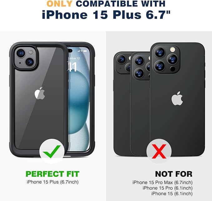 Diaclara Designed for iPhone 15 Plus Case 6.7'', Full-Body Clear Bumper Case with Built-in Screen Protector, 360 Protective Rugged Cover+9H Tempered Glass Camera Lens Protector, Black | 6.7'', 360 Protective, Rugged Cover