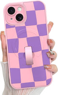 KANGHAR Compatible with iPhone 15 Case, Support for MagSafe, Silicone Checkered Cute Pattern, Wristband Kickstand Camera Protection Soft Slim Cover for Girls Women -Pink